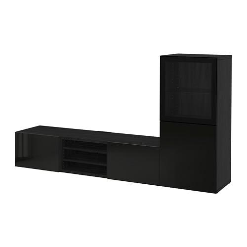 Bessto Cabinet For Tv Combin Glass Doors Black Brown